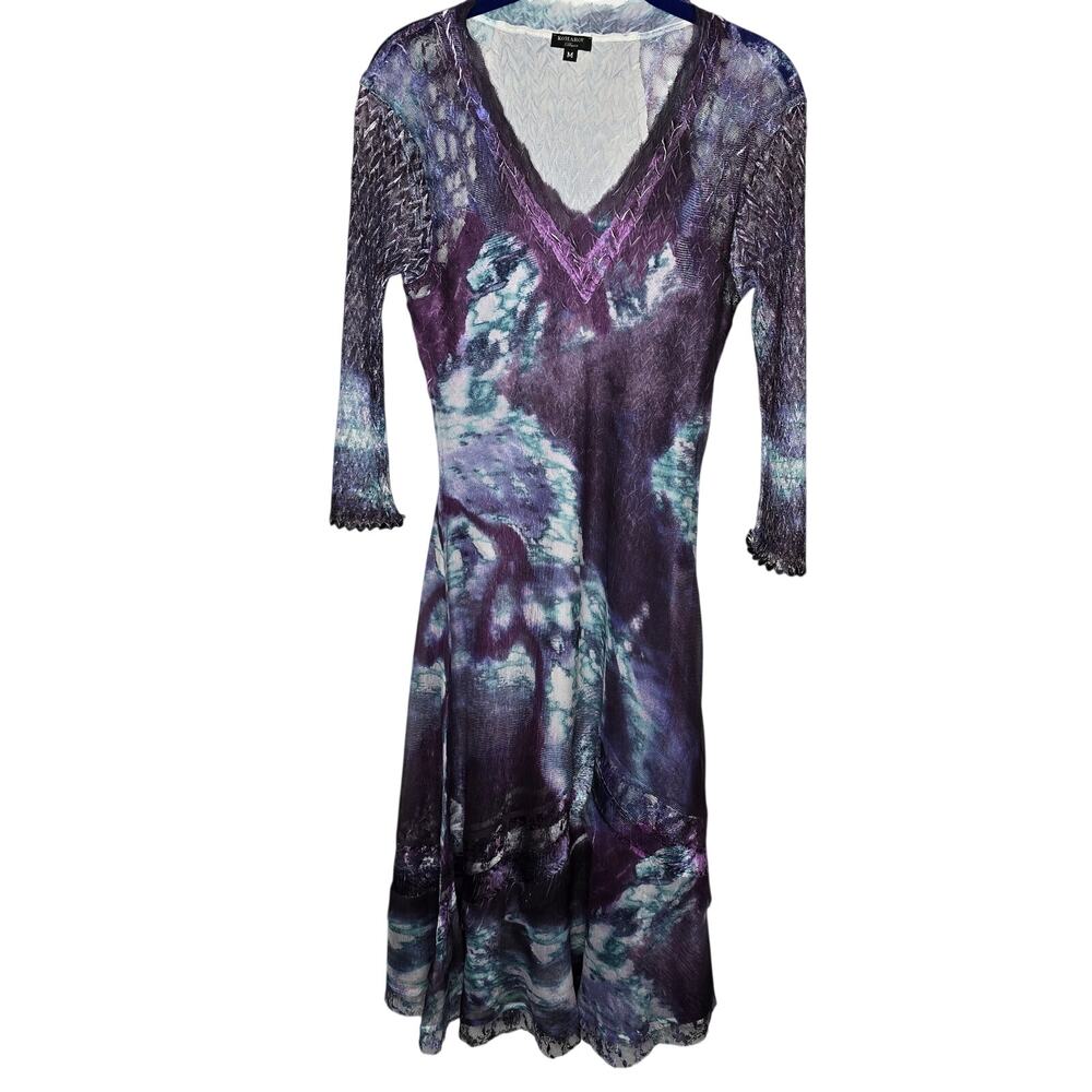 Komarov Purple Abstract Print V-Neck Lace Trim Semi-sheer Lace Midi Dress Sz M